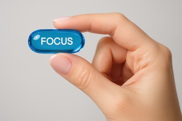 Female hand holding a blue transparent capsule with the word FOCUS for concentration