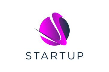 S letter symbol Abstract logo design for a startup. Purple and dark blue gradient globe with dynamic lines.