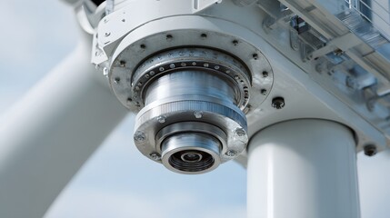Wind turbine nacelle close up view for renewable energy and sustainable power generation technology