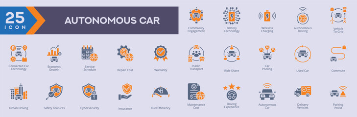 Autonomous Car icons collection vector images in duotone style
containing several trasnport, ride share, car pooling, used car, commute, urban driving.
can also be used for Web and application icons.
