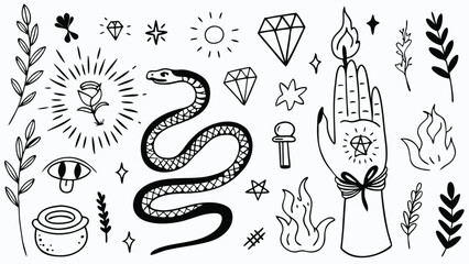 Collection of mystical and occult symbols including snake rose hand and other elements art line work