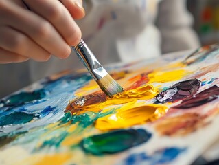 Person dipping a paintbrush into a watercolor palette