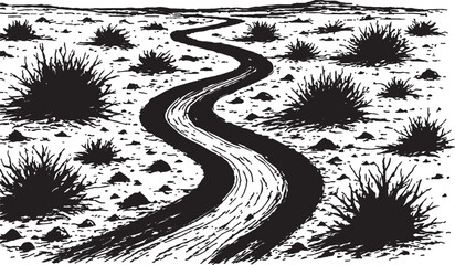 Fototapeta premium Stylized black and white illustration of a winding river flowing through a sparse desert landscape with scrub brush and distant hills