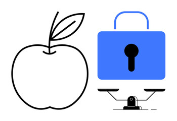 Outline apple, blue padlock, and balance scale together evoke ideas of nutrition, safety, equality, and fairness. Ideal for concepts thumbs up health, justice, security diet trust and fairness in