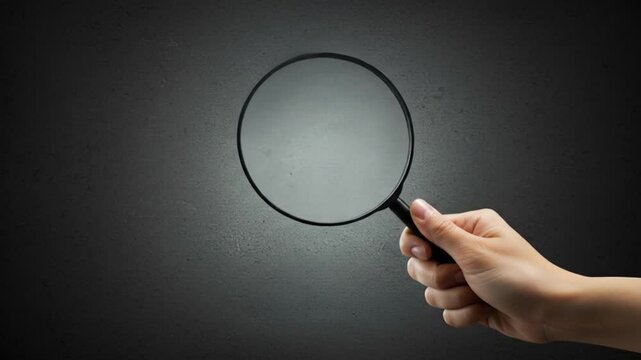 Hand holding a magnifying glass against a dark background