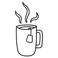 Hand drawn doodle mug of tea with tea bag and steam on white background.