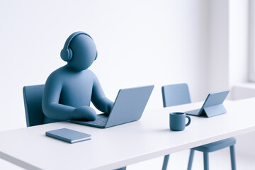 Digital workspace featuring person with headphones working on laptop in modern office environment, emphasizing remote work and digital nomad lifestyle, with clean and minimalistic design