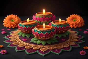Four lit traditional diya lamps on a decorative mat