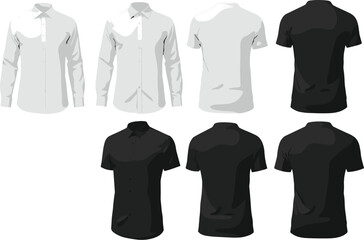 Front and back view of black and white shirts, formal dress shirt and casual t-shirt fashion template for apparel design
