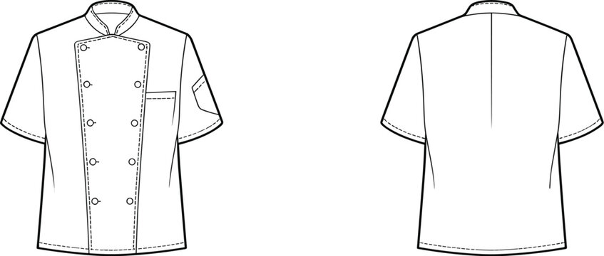 Professional chef uniform short sleeve white coat design, double breasted button front, restaurant kitchen apparel, technical fashion sketch