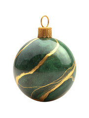 Close up of a green christmas ornament with gold accents against a black background