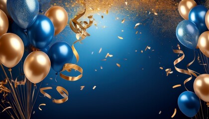 celebration birthday wedding ballons blue golden golden ribbons flying on the top of image blue background texture card high quality image
