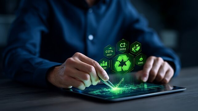 Person interacting with futuristic green technology interface displaying environmental data