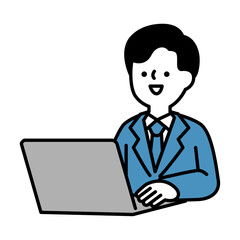 ノートパソコンを操作して仕事をしているスーツのビジネスパーソン男性のイラスト素材