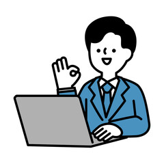 パソコンに向かってポジティブなポーズをとる笑顔のビジネスパーソン男性のイラスト素材