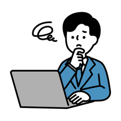 パソコンを操作しながら悩んでいるビジネスパーソン男性のイラスト素材