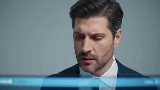 Worried Businessman Staring at Profit Drop Graph Displayed on Virtual Screen With Focused Light in White Background