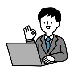 パソコンに向かってポジティブなポーズをとる笑顔のビジネスパーソン男性のイラスト素材