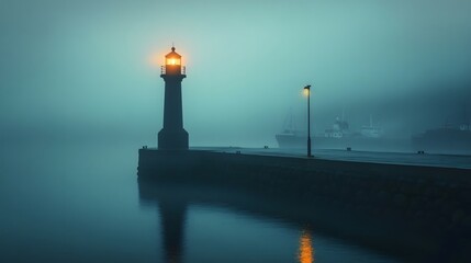 The soft light of the lighthouse in the mist
