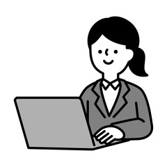 ノートパソコンを操作して仕事をしているスーツのビジネスパーソン女性のイラスト素材