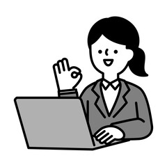 パソコンに向かってポジティブなポーズをとる笑顔のビジネスパーソン女性のイラスト素材