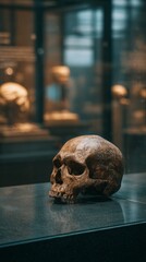 Ancient human skull on display in museum exhibit with glass cases in background