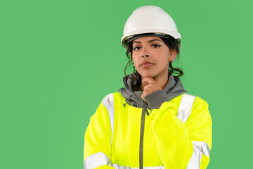 Construction worker in safety gear poses thoughtfully on a bright green background while...