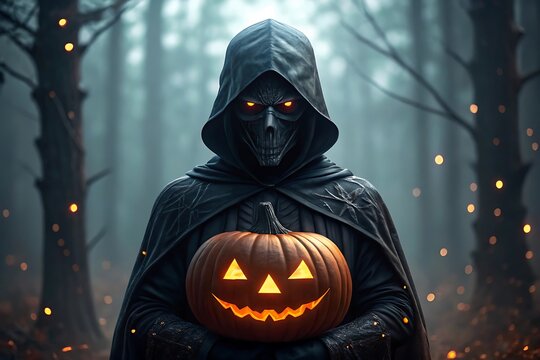 Eerie hooded figure holds glowing jack-o-lantern in misty forest - Powered by Adobe