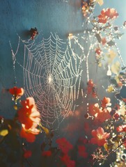 The spider web shimmering with dewdrops and blooming flowers in the morning sunshine