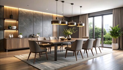 Dining Room Interior with Modern Table and Pendant Lights