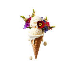 Vanilla ice cream cone with colorful flowers and scattered balls