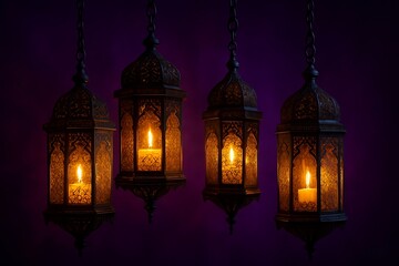 Obraz premium Four ornate Arabic lanterns with lit candles hanging against a purple background
