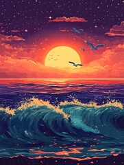 Under the sunset, golden waves and seagulls fly along the coast
