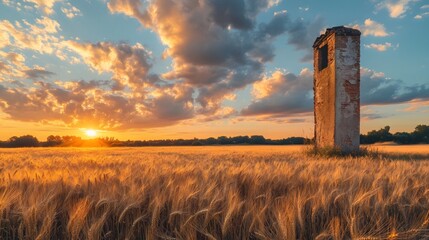 Abandoned chimneys mottled under the sunset and golden wheat fields