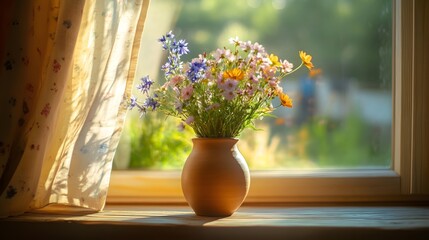 Wildflowers and sunshine in the pottery jar on the windowsill