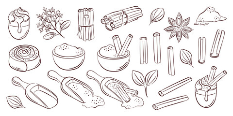 Cinnamon spice set with stick, powder scoop, flower, roll and leaf in line art style. Ideal for recipe book, packaging, kitchen decor and culinary design project.
