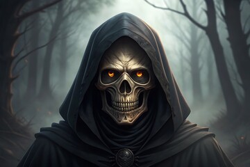 Grim Reaper skull with glowing eyes in dark forest