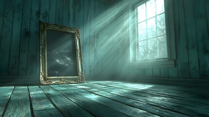 Black and white photo in the old frame by the window