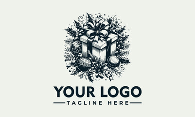 Hand-drawn Christmas gift logo design, featuring a present surrounded by festive foliage and ornaments.