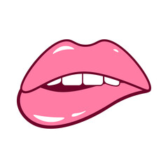 Pink cartoon lips with open mouth vector illustration sticker isolated on white background. Woman plump lips icon in pop cartoon style. Beauty lipstick body element.