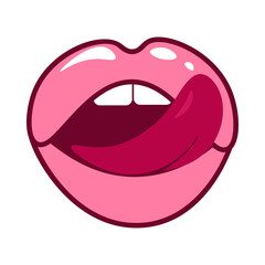 Pink lips with open mouth emotion vector illustration isolated on white background. Woman pop art plump lips icon in cartoon style. Beauty lipstick element for postcard design, web, banner or poster.