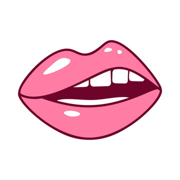 Pink lips with open mouth surprise emotion vector isolated on white background. Woman pop art plump lips icon in cartoon style. Beauty lipstick element for postcard design, web, banner or poster.