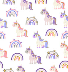Obraz premium Pattern of cute unicorns and rainbows on a white background.