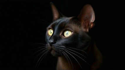Elegant Portrait of a Chocolate Oriental Shorthair Cat with Striking Green Eyes on Black Background