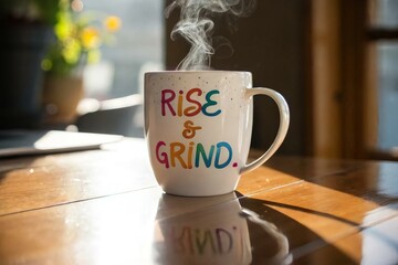 Vibrant Coffee Mug with Inspirational Quote on Sunny Wooden Table