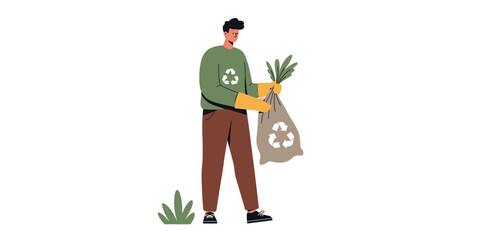 Eco-friendly man collecting leaves for recycling