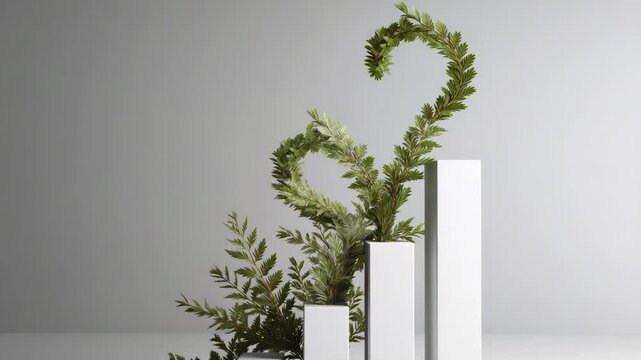 White column with a green plant growing out of it. minimalistic currency symbol sprouting leaves atop ascending bars, clean white space, sustainable energy stocks
