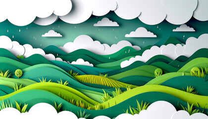 Fototapeta premium A vibrant paper-cut landscape featuring rolling green hills, textured fields, white clouds, and falling raindrops under a light blue sky.