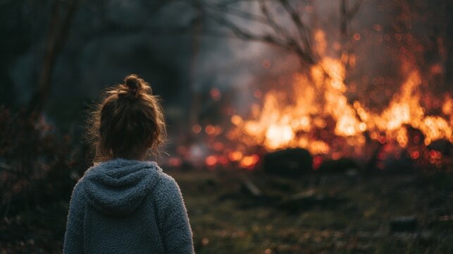 Young caucasian girl observing forest fire with intense flames in woodland