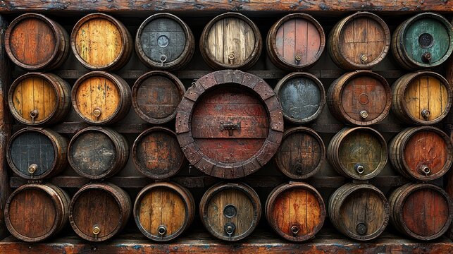 Wooden barrels arranged in a grid pattern.